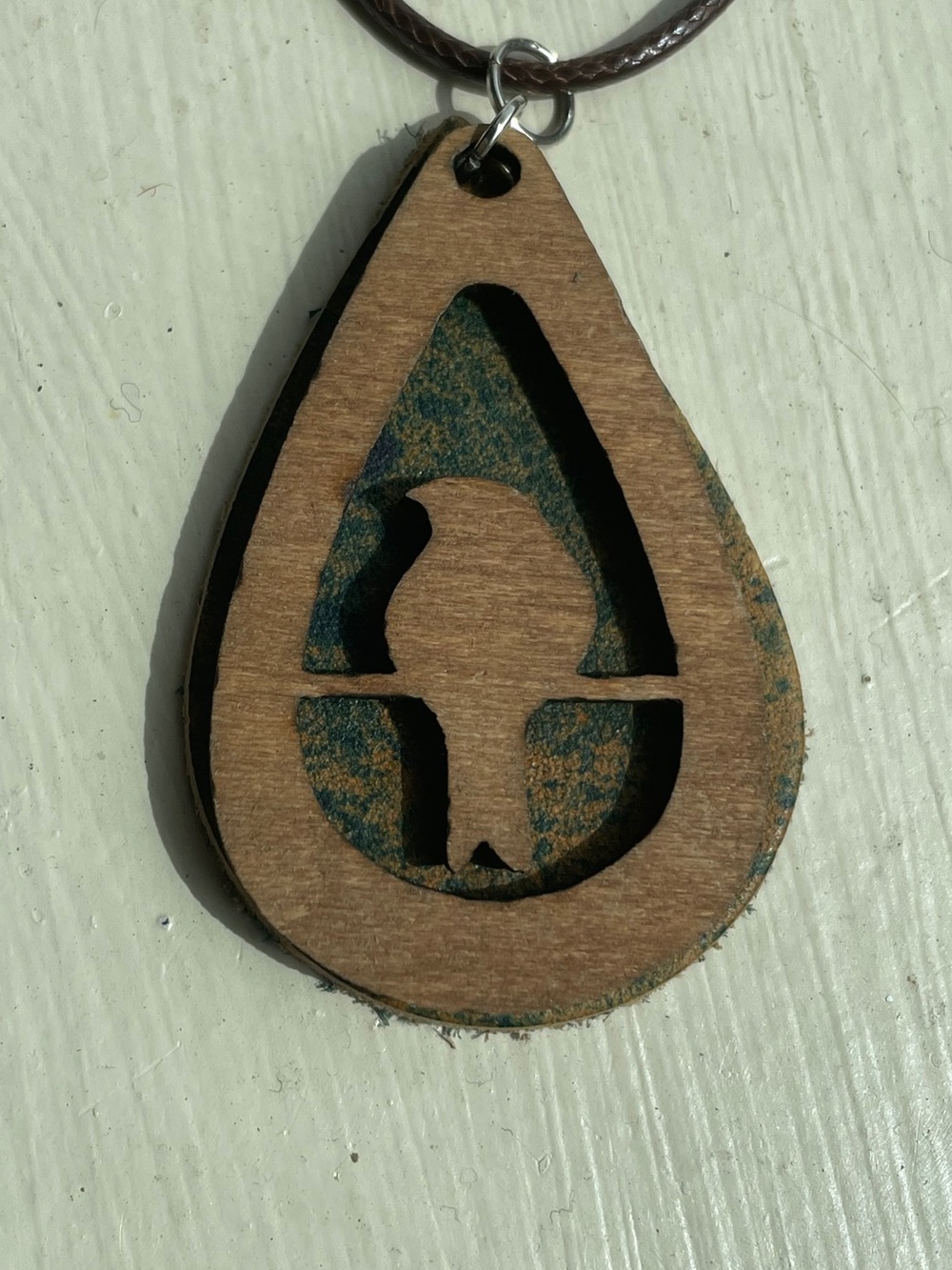 Wood Teardrop Bird Pendant Necklace in Brown and Teal